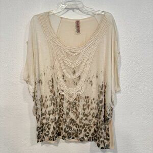 Free People Semi Sheer Woven Top Crochet Lace Trim Dolman Slvs Animal Print Sz L